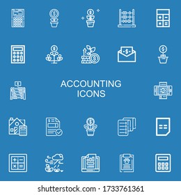 Editable 22 accounting icons for web and mobile. Set of accounting included icons line Calculator, Growth, Abacus, Bill, Calculate, Invoice, Report on blue background