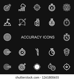 Editable 22 accuracy icons for web and mobile. Set of accuracy included icons line Dartboard, Goal, Target, Chronometer, Archery, Quiver, Stopclock, Stopwatch on black background