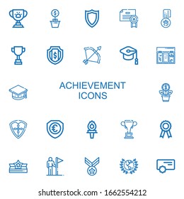 Editable 22 achievement icons for web and mobile. Set of achievement included icons line Trophy, Growth, Shield, Certificate, Medal, Archery, Mortarboard, Topping on white background