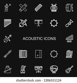 Editable 22 acoustic icons for web and mobile. Set of acoustic included icons line Pop singer, Clave, Harmonica, Harp, Drum, Flute, Cello, Tambourine, Horn on black background