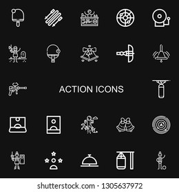 Editable 22 action icons for web and mobile. Set of action included icons line Table tennis, Skii, Paintball, Radar, Alarm bell, Bell, Crossbow, Punching bag on black background