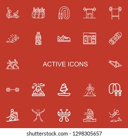 Editable 22 active icons for web and mobile. Set of active included icons line Stationary bike, Rafting, Jumping rope, Weightlifting, Bench press, Skydiving on red background