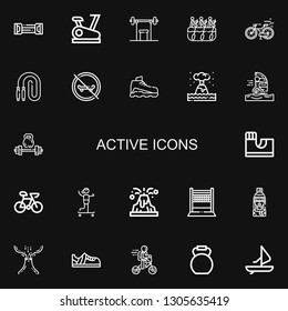 Editable 22 active icons for web and mobile. Set of active included icons line Resistance band, Stationary bike, Weightlifting, Rafting, Bike, Jumping rope on black background