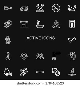 Editable 22 active icons for web and mobile. Set of active included icons line Spur, Bike, Volcano, Skateboard, Stationary bike, Button, Weightlifting, Treadmill on black background