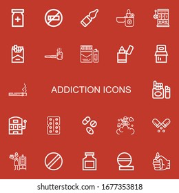 Editable 22 iconos de adicción para web y móvil. Conjunto de adicciones incluye íconos línea PainKiller, No fumar, Viales, Lighter, Máquina tragamonedas, Cigarrillo, Fumar pipa sobre fondo rojo