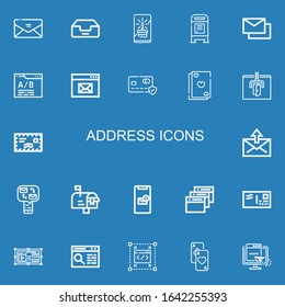 Editable 22 address icons for web and mobile. Set of address included icons line Envelope, Inbox, Card, Mailbox, Mails, Web site, Browser, Cards, Mail, Messages on blue background