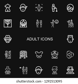Editable 22 adult icons for web and mobile. Set of adult included icons line Bust, Boy, Body, Old man, Grandmother, Suit, Censor, Flirty, Disgusted, Elderly on black background
