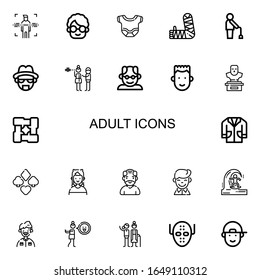 Editable 22 adult icons for web and mobile. Set of adult line icons including: Body, Grandmother, Arm, Old man, Heisenberg, Distraction, Grandfather, Boy, Bust on white background