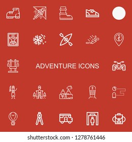 Editable 22 adventure icons for web and mobile. Set of adventure included icons line Boot, Hang gliding, Boots, Mountain, Pirate, Desert, Kayak, Skydiving, Compass on red background