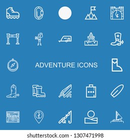 Editable 22 adventure icons for web and mobile. Set of adventure included icons line Climbing, Carabiner, Mountain, Bungee jumping, Metal detector, Explorer on blue background