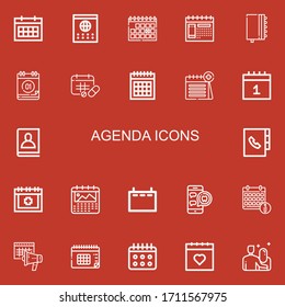 Bearbeitbare 22 Agenda-Symbole für Web und Mobile. Liste der einbezogenen Symbole: Kalender, Agenda, Zeitplan, Datum, ärztlicher Termin auf rotem Hintergrund