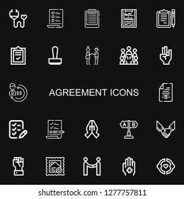 Editable 22 agreement icons for web and mobile. Set of agreement included icons line Medical insurance, List, Clipboard, Clipboards, Stamp, Deal, Meeting, Hand on black background