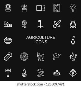 Editable 22 agriculture icons for web and mobile. Set of agriculture included icons line Sunflower, Gardening, Crop, Field, Fruit tree, Garden, Cane, Olive on black background