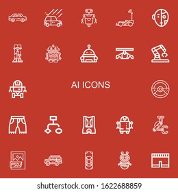 Editable 22 ai icons for web and mobile. Set of ai included icons line Car, Robot, Robotics, Space robot, Shorts, Flowchart, Psd file, Short on red background