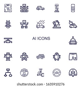 Editable 22 ai icons for web and mobile. Set of ai included icons line Shorts, Robot, Car, Robotics, Space robot, Flowchart, Transhumanism, Artificial intelligence on white background