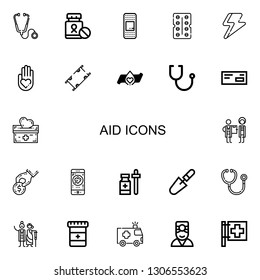 Editable 22 aid icons for web and mobile. Set of aid included icons line Stethoscope, Medicine, Plaster, Antibiotic, Ray, Blood donation, Stretcher, Donation on white background