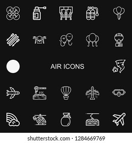 Editable 22 air icons for web and mobile. Set of air included icons line Drone, Spray, Seats, Oxygen, Balloon, Skii, Balloons, Military, Kite, Tornado, Airplane on black background