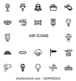 Editable 22 air icons for web and mobile. Set of air included icons line Airport, Filter, Gas mask, Transport, Helicopter, Mask, Wall bracket, Water heater on white background