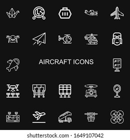 Editable 22 aircraft icons for web and mobile. Set of aircraft included icons line Origami, Vehicle, Carrier, Aeroplane, Planes, Drone, Send, Helicopter, Pilot on black background