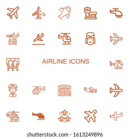 Editable 22 airline icons for web and mobile. Set of airline included icons line Plane, Planes, Airplane, Airport, Helicopter, Landing, Pilot, Seats, Hangar on white background