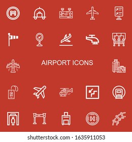 Editable 22 airport icons for web and mobile. Set of airport included icons line Metro, Luggage, Departure, Aircraft, Flight information, Windsock, Airport, Landing on red background