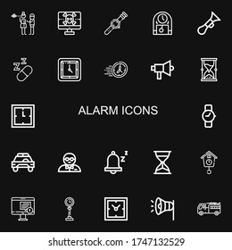 Editable 22 iconos de alarma para web y móvil. El conjunto de alarmas incluía iconos de línea Distracción, Spyware, Watch, Clock, Horn, Sleeping, reloj de pared, Time, Megaphone en fondo negro