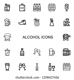 Editable 22 alcohol icons for web and mobile. Set of alcohol included icons line Beer, Hip flask, Beers, Cask, Leprechaun shoe, Cocktail, Oil bottle, Barman on white background