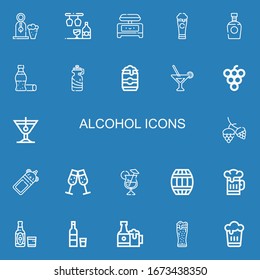 Editable 22 alcohol icons for web and mobile. Set of alcohol included icons line Beer, Bar, Shaker, Brandy, Cola, Bottle, Beer can, Martini, Grape, Cocktail on blue background