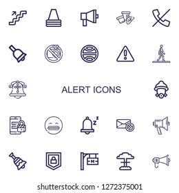 Editable 22 alert icons for web and mobile. Set of alert included icons line Stairs, Cone, Megaphone, No calls, Bell, No camera, Terra, Warning, Walking, Firefighter on white background