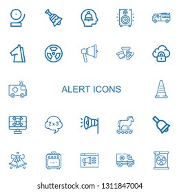 Editable 22 alert icons for web and mobile. Set of alert included icons line Bell, Alert, Loudspeaker, Firefighter, Trojan, Radioactive, Megaphone, Cone, Security on white background