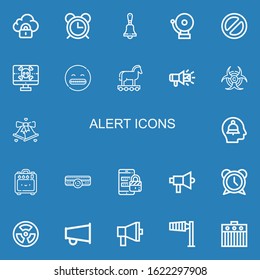 Editable 22 alert icons for web and mobile. Set of alert included icons line Security, Alarm, Bell, Banned, Spyware, Shocked, Trojan, Megaphone, Biohazard, Alert on blue background