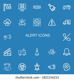 Editable 22 alert icons for web and mobile. Set of alert included icons line Hotel signal, Spyware, Amplifier, Bell, Firefighter, Security, No photo, Warning on blue background