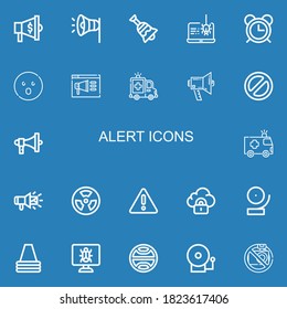 Editable 22 alert icons for web and mobile. Set of alert included icons line Megaphone, Bell, Spyware, Alarm, Shocked, Notification, Ambulance, Banned, Radioactive on blue background