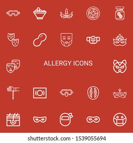 Editable 22 allergy icons for web and mobile. Set of allergy included icons line Mask, Fruit bowl, Soy eggs, Peanut butter, Peanut, Masks, Handkerchief, Skin on red background