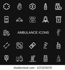 Editable 22 ambulance icons for web and mobile. Set of ambulance included icons line Clinic, Blood donation, Pharmacy, Medicine, Medical app, Emergency call on black background