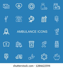 Editable 22 ambulance icons for web and mobile. Set of ambulance included icons line Pharmacy, Hospital, Medicine, Medicines, Nurse, Emergency call, Blood donation on blue background
