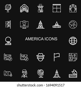 Editable 22 america icons for web and mobile. Set of america included icons line Globe, Arch, Cowboy, Border, Flags, Map, Empire state, Capitol, Earth, Flag on black background
