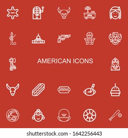 Editable 22 american icons for web and mobile. Set of american included icons line Sheriff, Bingo, Buffalo, Hot dog, Native american, Football player, Capitol on red background