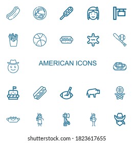 Editable 22 american icons for web and mobile. Set of american included icons line Hot dog, Indian, Native american, Sign, French fries, Basketball, Hotdog on white background