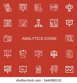 Editable 22 analytics icons for web and mobile. Set of analytics included icons line Data, Presentation, Analytics, Review, System, Wireframes, Seo, Stats on red background