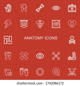 Editable 22 anatomy icons for web and mobile. Set of anatomy included icons line Radiography, Tooth, Bone, Eye, Medical, Ray, Jolly roger, Skull, Visibility on red background