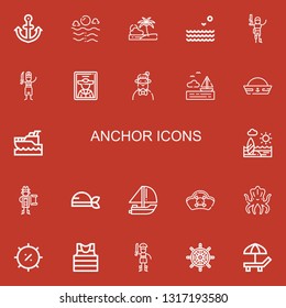 Editable 22 anchor icons for web and mobile. Set of anchor included icons line Anchor, Sea, Beach, Pirate, Hipster, Sailor hat, Yatch, Pirates, Kraken, Summer on red background