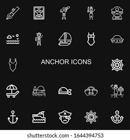 Editable 22 anchor icons for web and mobile. Set of anchor included icons line Anchor, Pirate, Sea, Yatch, Swimsuit, Sailor hat, Helm, Beach, Pirates, Summer on black background