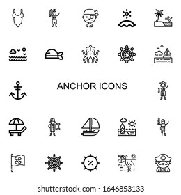 Bearbeitbare 22 Ankersymbole für Web und Mobile. Set mit Anker inklusive Icons Linie Swimsuit, Pirate, Beach, Sea, Kraken, Helm, Anchor, Yatch, Piratenflagge, Ship-Rad auf weißem Hintergrund