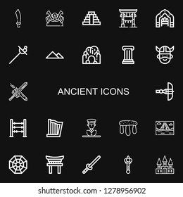 Editable 22 ancient icons for web and mobile. Set of ancient included icons line Sabre, Shogun, Chichen Itza, Torii, Arch, Sword, Pyramid, Cave, Column, Viking on black background