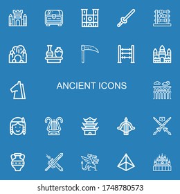 Editable 22 ancient icons for web and mobile. Set of ancient included icons line Castle, Chest, Notre dame, Sword, Abacus, Cave, Vase, Scythe, Angkor wat, Trojan on blue background