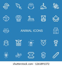 Editable 22 animal icons for web and mobile. Set of animal included icons line Worm, Fish, Macaw, Rat, Moth, Bowl, Dog, Duck, Teddy bear, Juggling ball, Nest on blue background