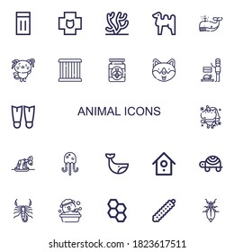 Editable 22 animal icons for web and mobile. Set of animal included icons line Inflatable, Veterinary, Coral, Camel, Whale, Kitty, Cage, Honey, Dog, Veterinarian on white background