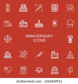 Editable 22 anniversary icons for web and mobile. Set of anniversary included icons line Wedding sign, Cake, Sparkle, Gift, Balloon, Fireworks, Gift box, Wedding invitation on red background