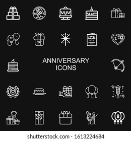 Editable 22 anniversary icons for web and mobile. Set of anniversary included icons line Gift, Holden, Cake, Balloons, Present, Fireworks, Wedding invitation on black background